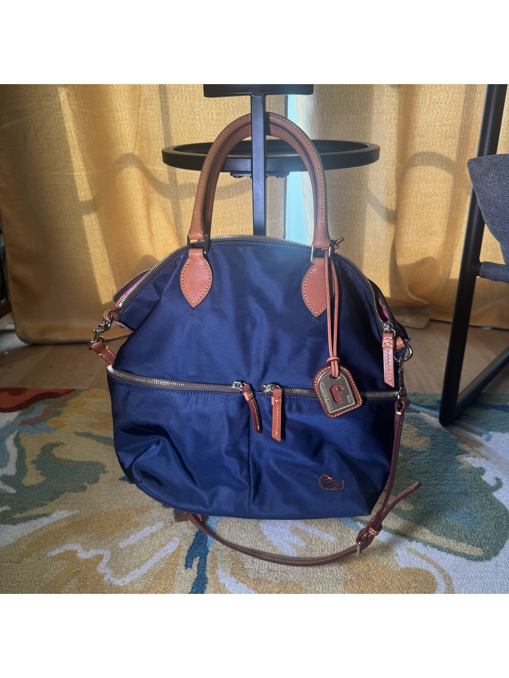 Dooney and Bourke navy nylon satchel handbag with brown leather trim